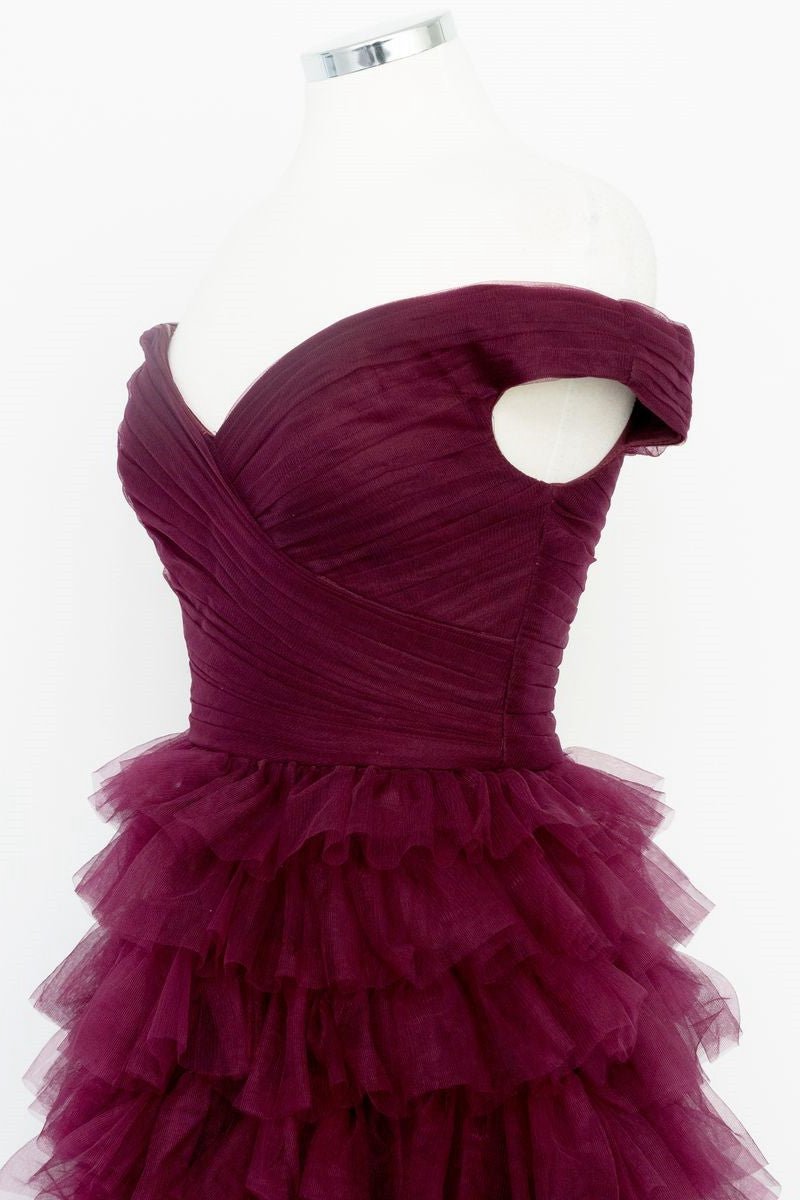 Off the Shoulder Dark Berry Pleated Sheer Tie Prom Dresses