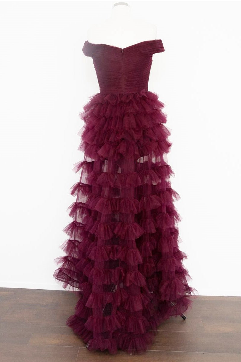 Off the Shoulder Dark Berry Pleated Sheer Tie Prom Dresses