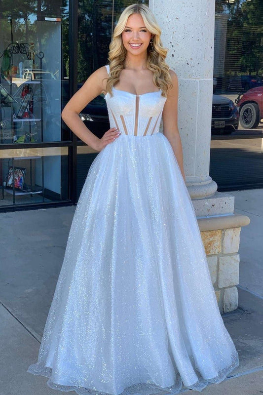 Square Neck Sequin A-line Prom Dresses