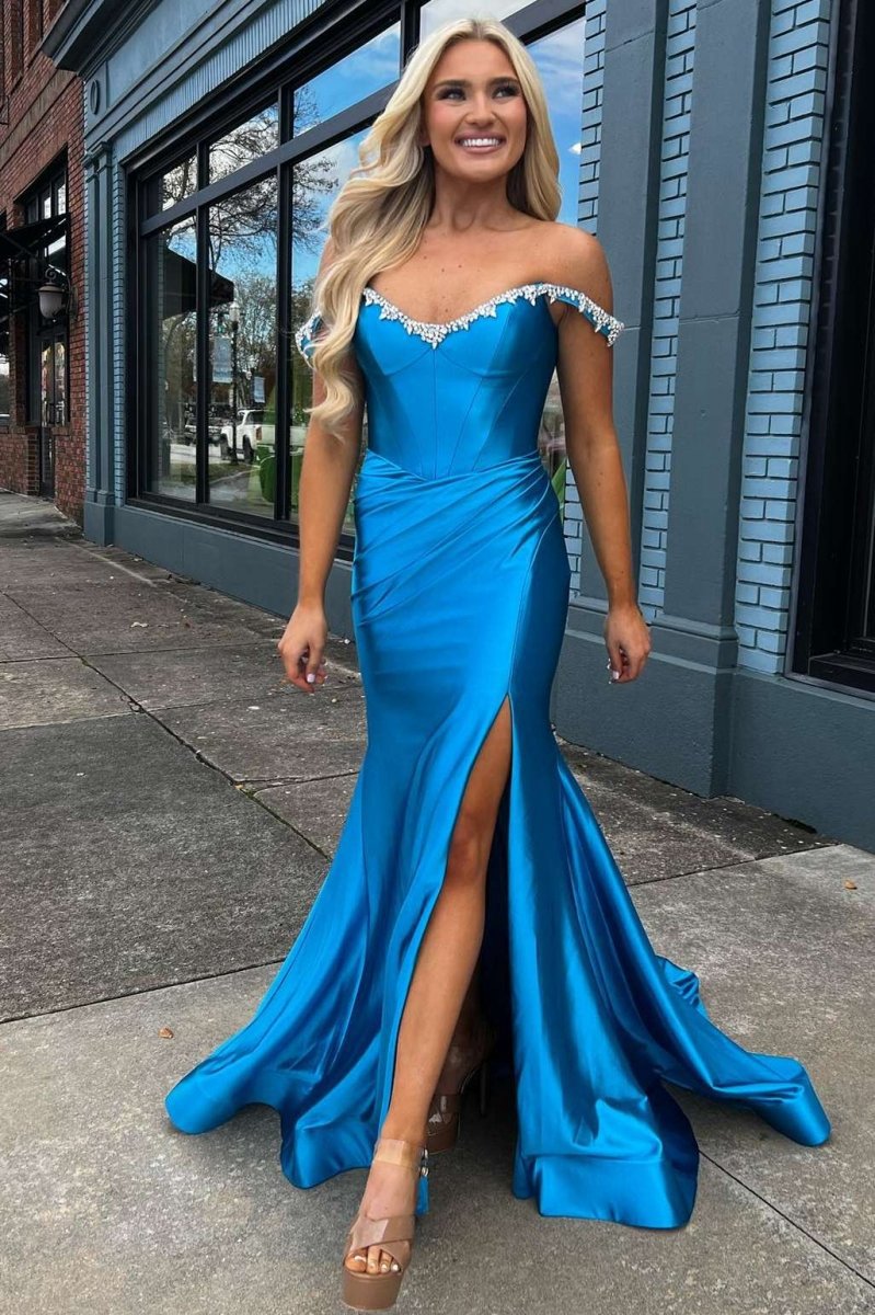 Mermaid V Neck Satin Slit Prom Dresses with Beading