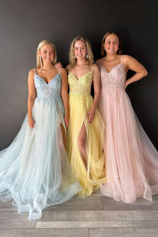 V-Neck Lace-Up Appliques Tulle A-line Prom Dresses