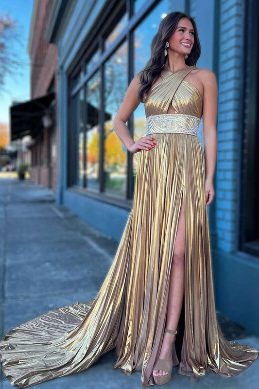 Pleated Criss Cross Straps Metallic Long Prom Dresses