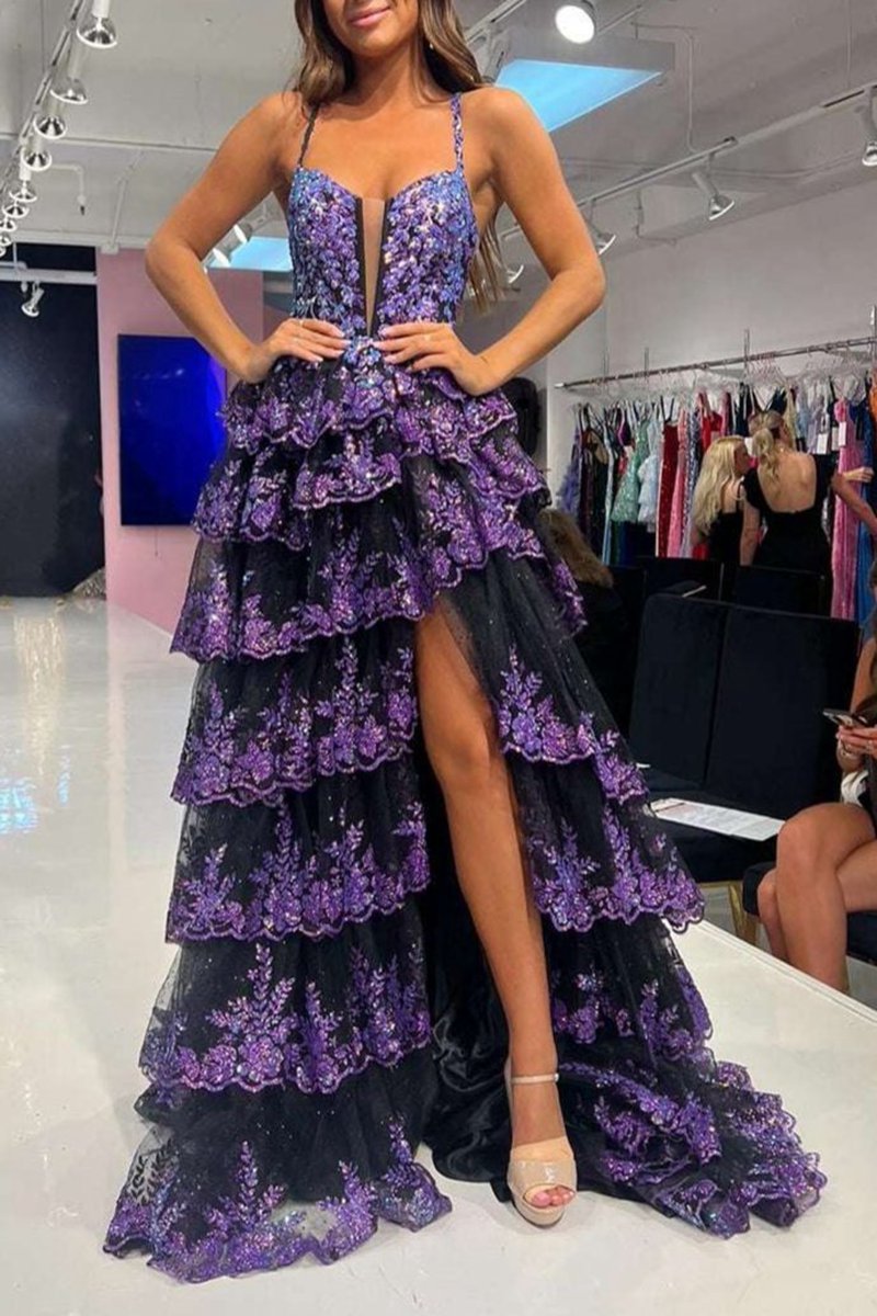 Straps Sequin Layered Formal Dresses with Slit