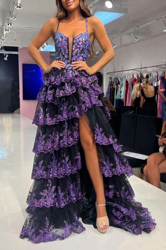 Straps Sequin Layered Formal Dresses with Slit