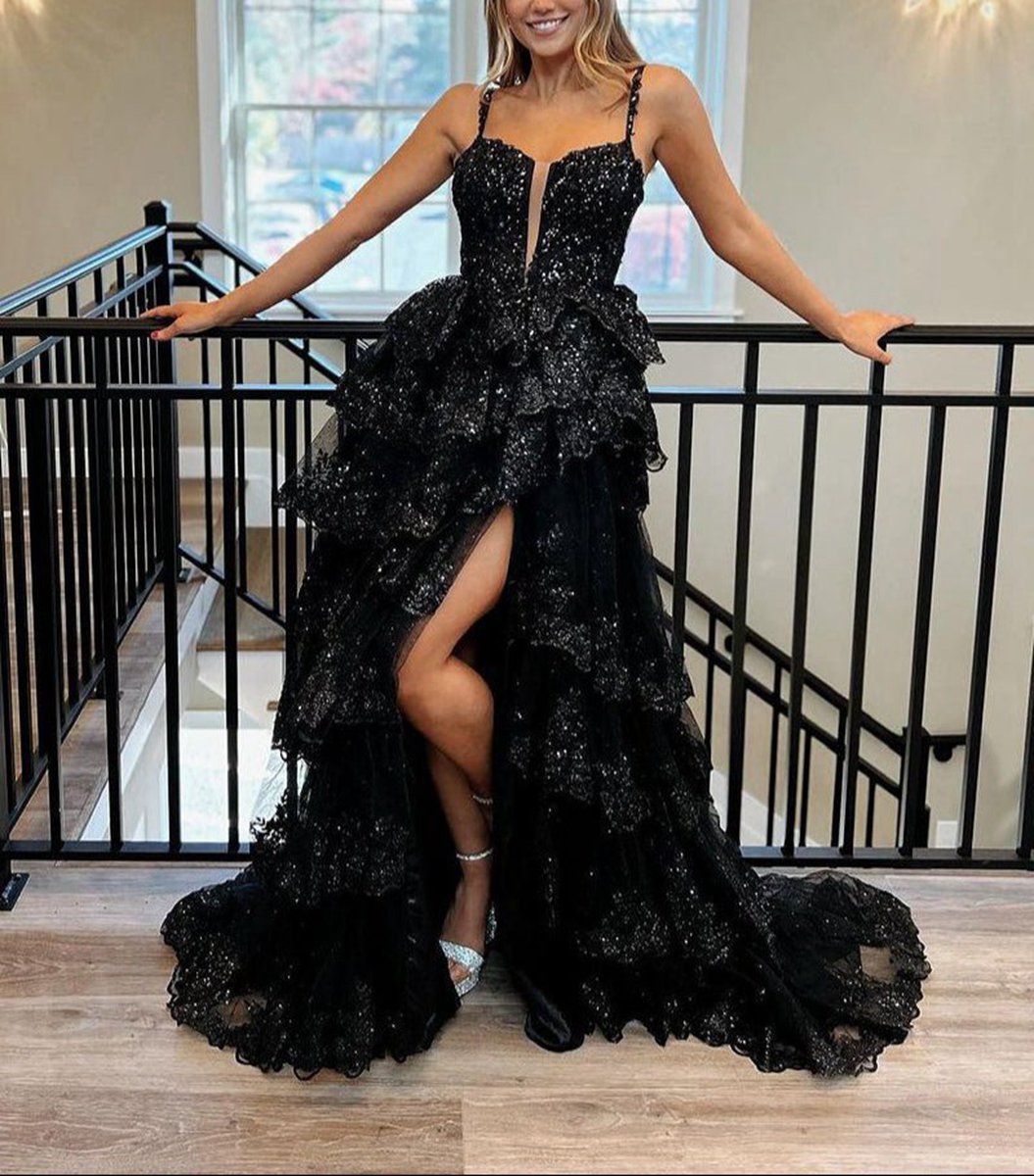 Straps Sequin Layered Formal Dresses with Slit