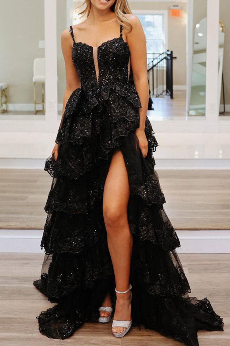 Straps Sequin Layered Formal Dresses with Slit