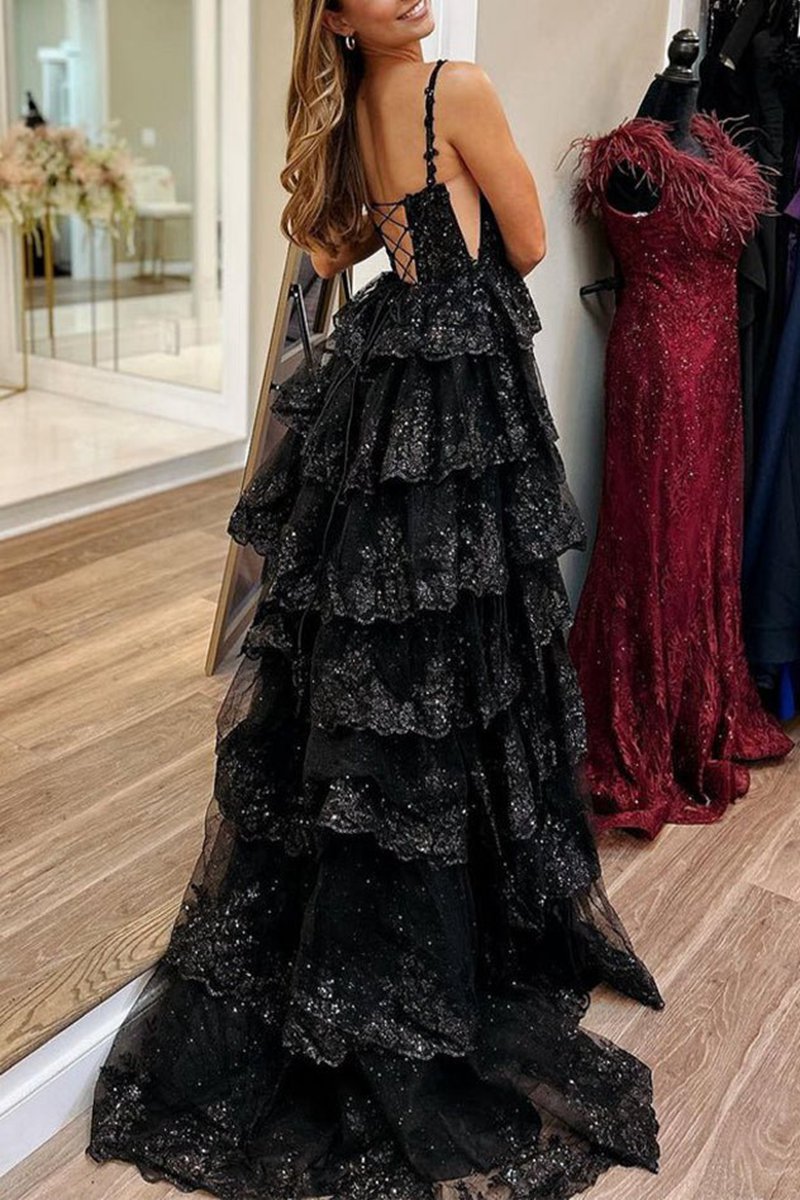 Straps Sequin Layered Formal Dresses with Slit