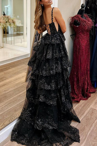 Straps Sequin Layered Formal Dresses with Slit