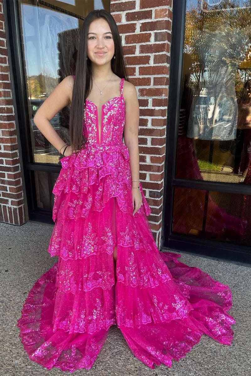 Straps Sequin Layered Formal Dresses with Slit