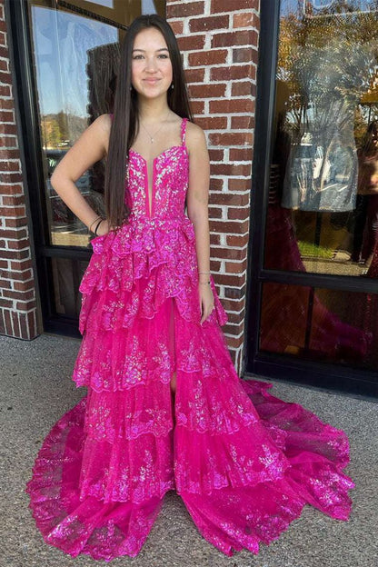 Straps Sequin Layered Formal Dresses with Slit