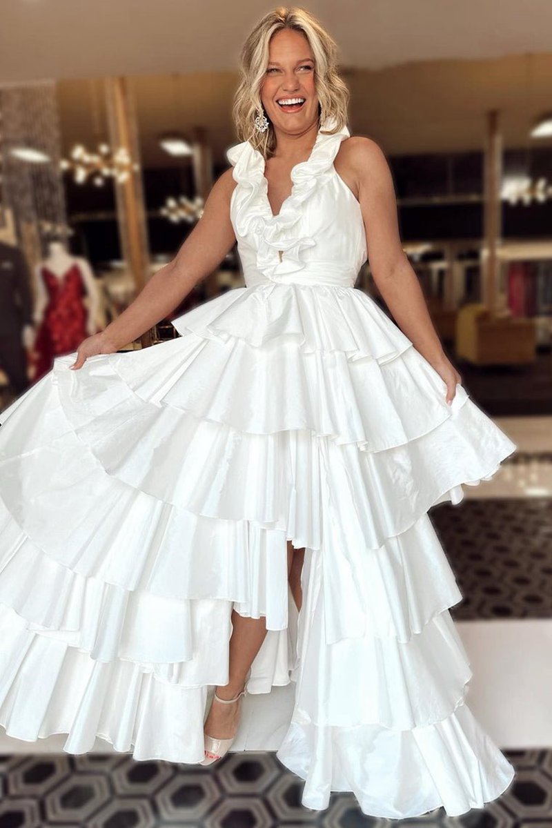 Halter Ruffle Tie A-line Prom Dresses
