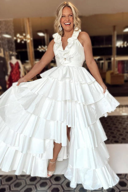 Halter Ruffle Tie A-line Prom Dresses