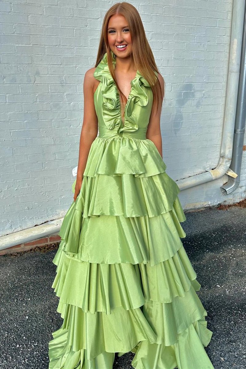 Halter Ruffle Tie A-line Prom Dresses