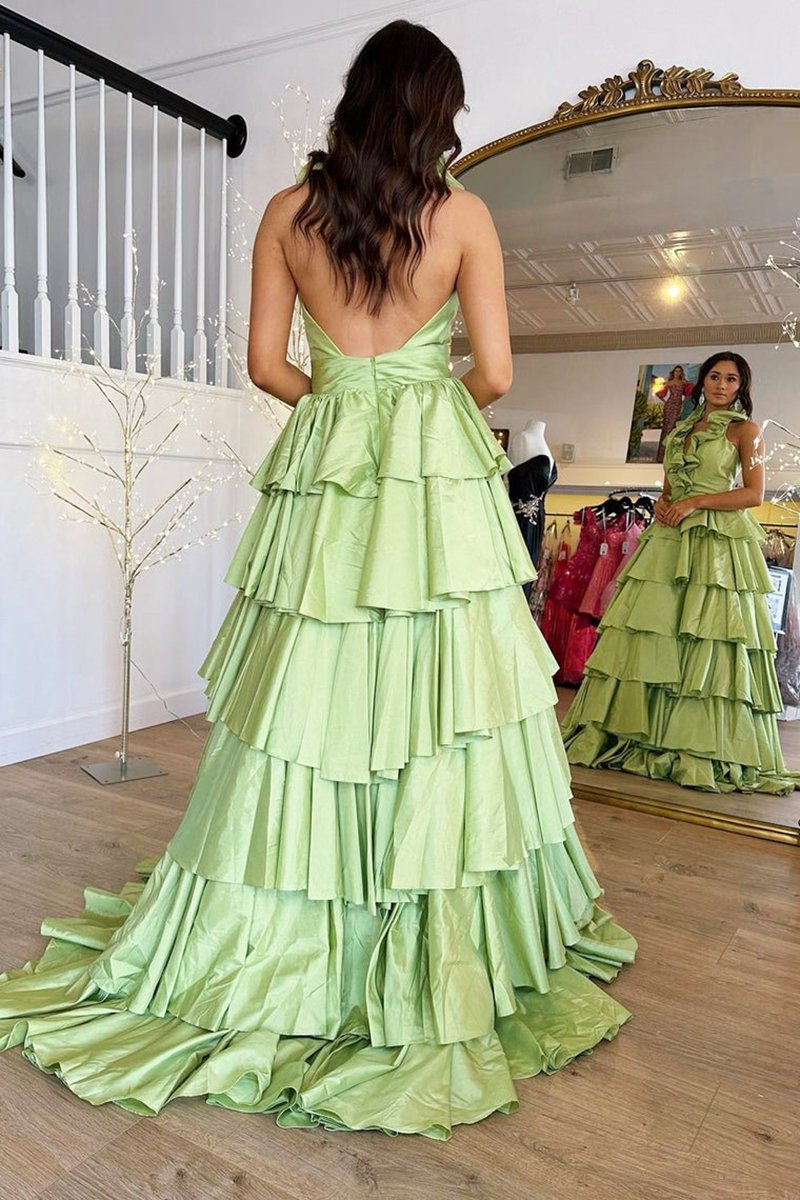 Halter Ruffle Tie A-line Prom Dresses