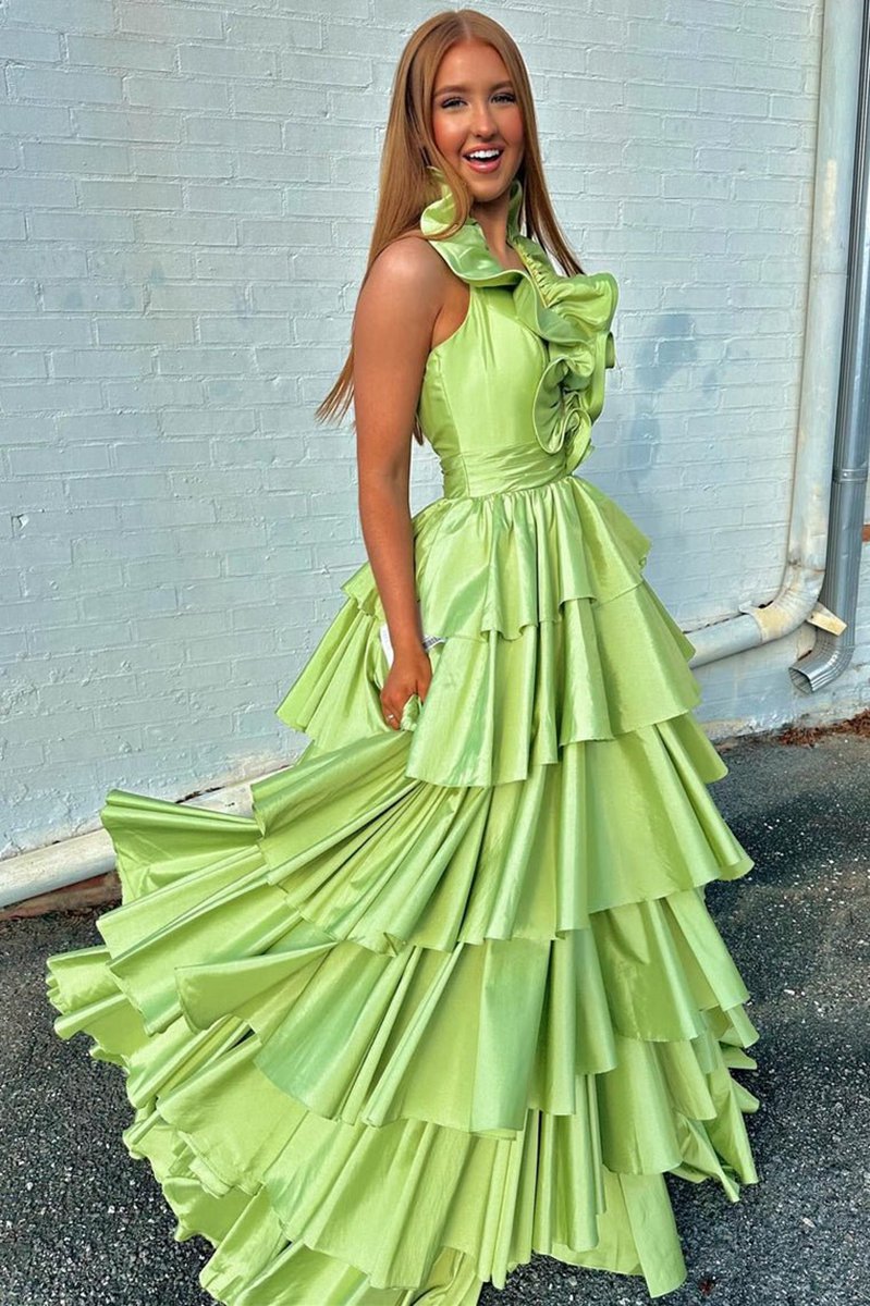Halter Ruffle Tie A-line Prom Dresses