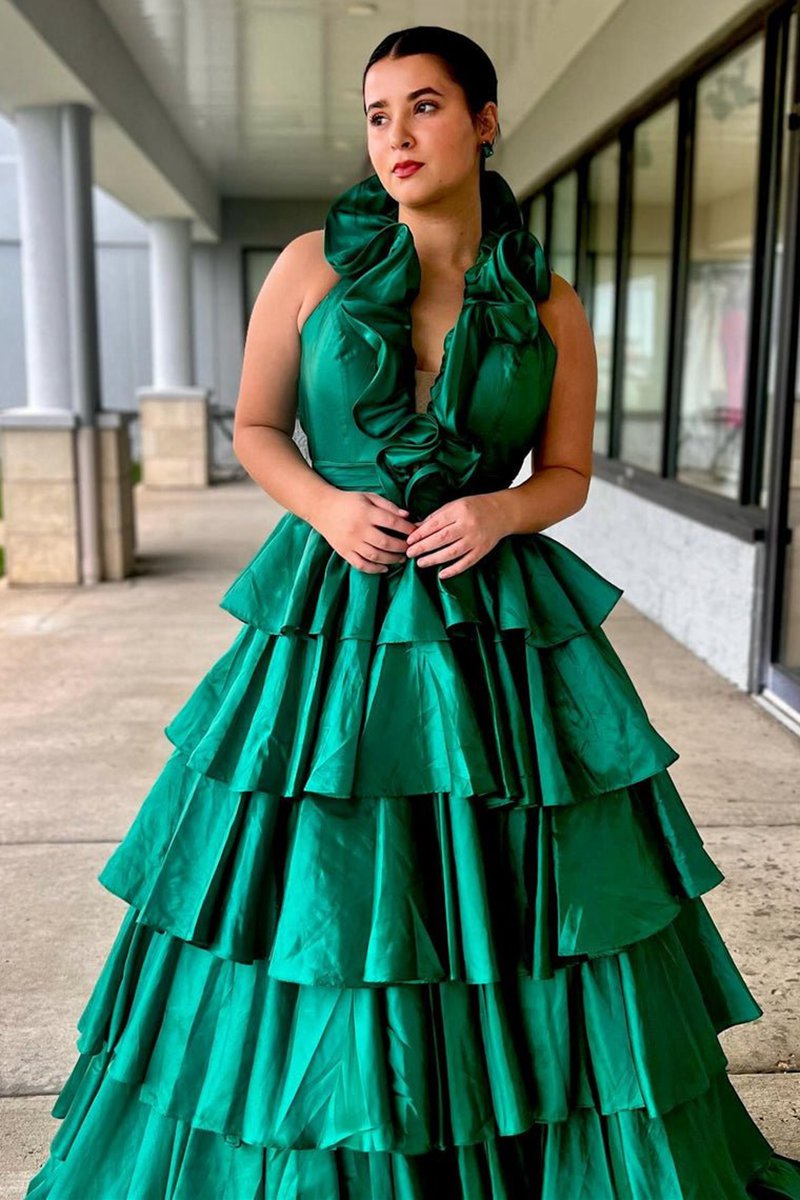 Halter Ruffle Tie A-line Prom Dresses