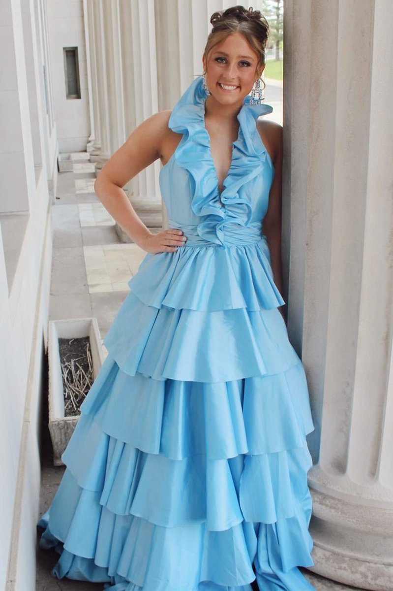 Halter Ruffle Tie A-line Prom Dresses