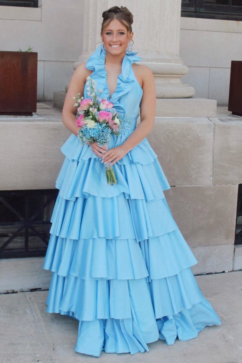 Halter Ruffle Tie A-line Prom Dresses