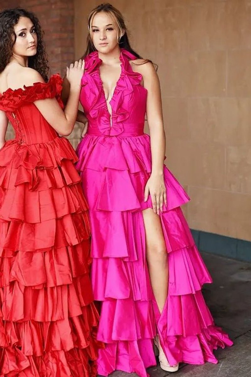 Halter Ruffle Tie A-line Prom Dresses