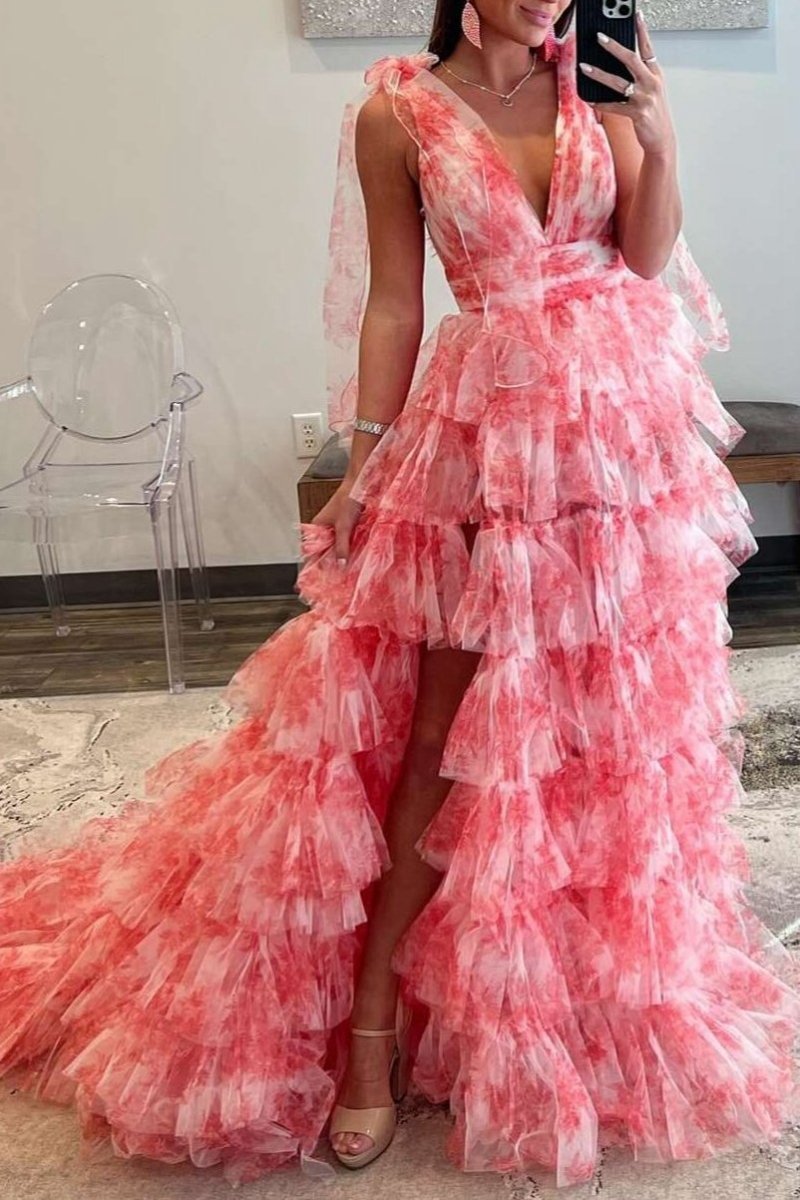 V-Neck Tie Straps Floral Print Layered Long Prom Dresses