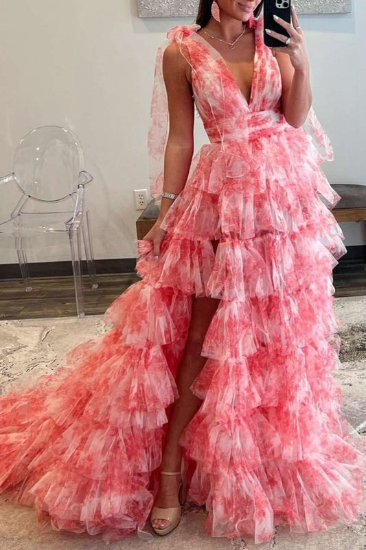 V-Neck Tie Straps Floral Print Layered Long Prom Dresses