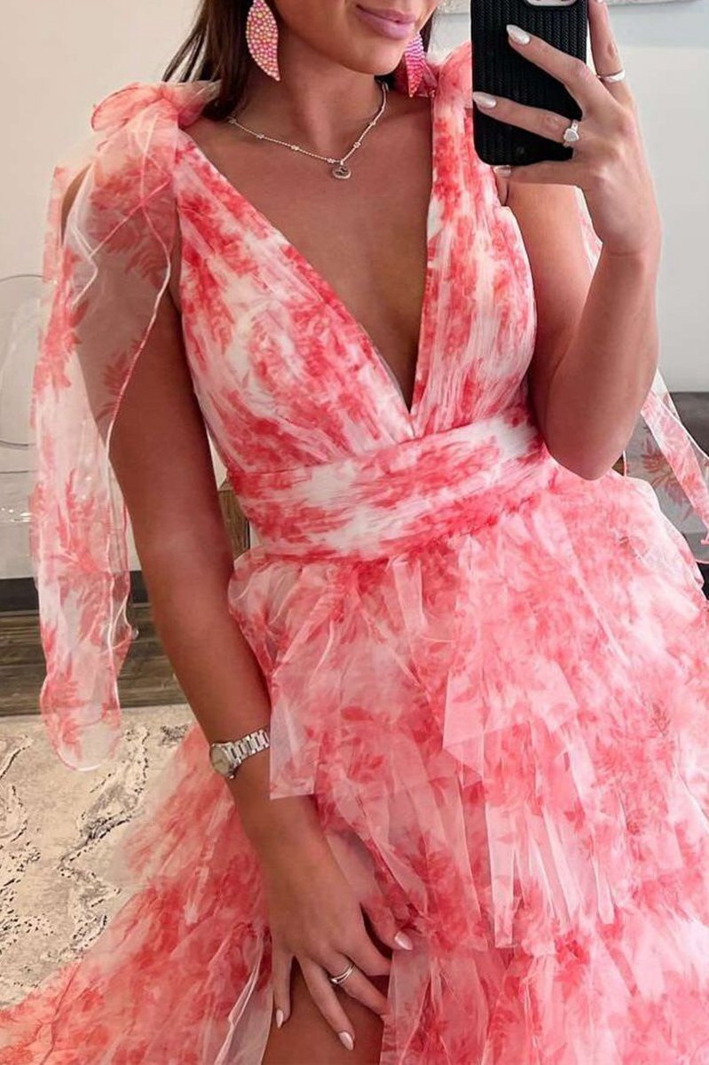 V-Neck Tie Straps Floral Print Layered Long Prom Dresses