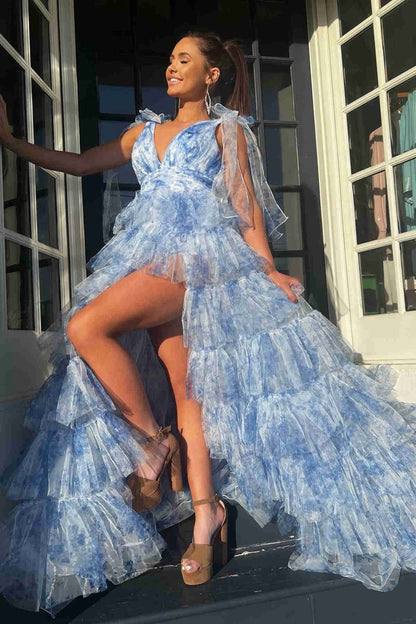 V-Neck Tie Straps Floral Print Layered Long Prom Dresses