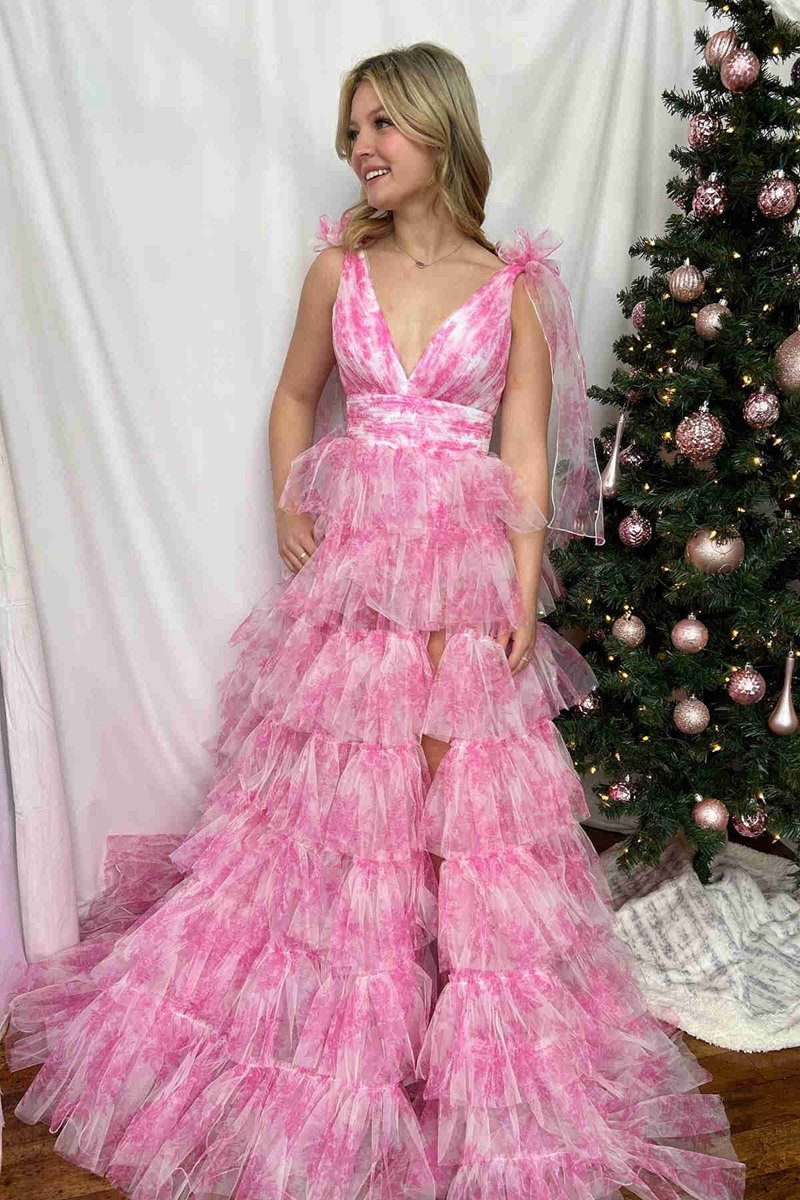 V-Neck Tie Straps Floral Print Layered Long Prom Dresses