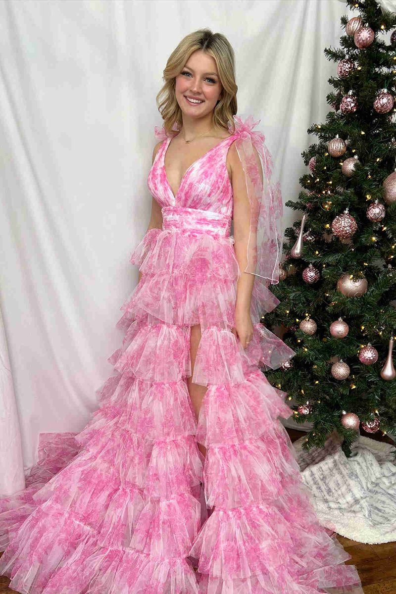 V-Neck Tie Straps Floral Print Layered Long Prom Dresses
