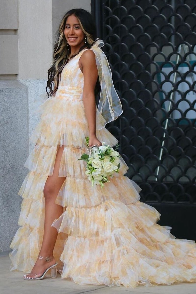 V-Neck Tie Straps Floral Print Layered Long Prom Dresses