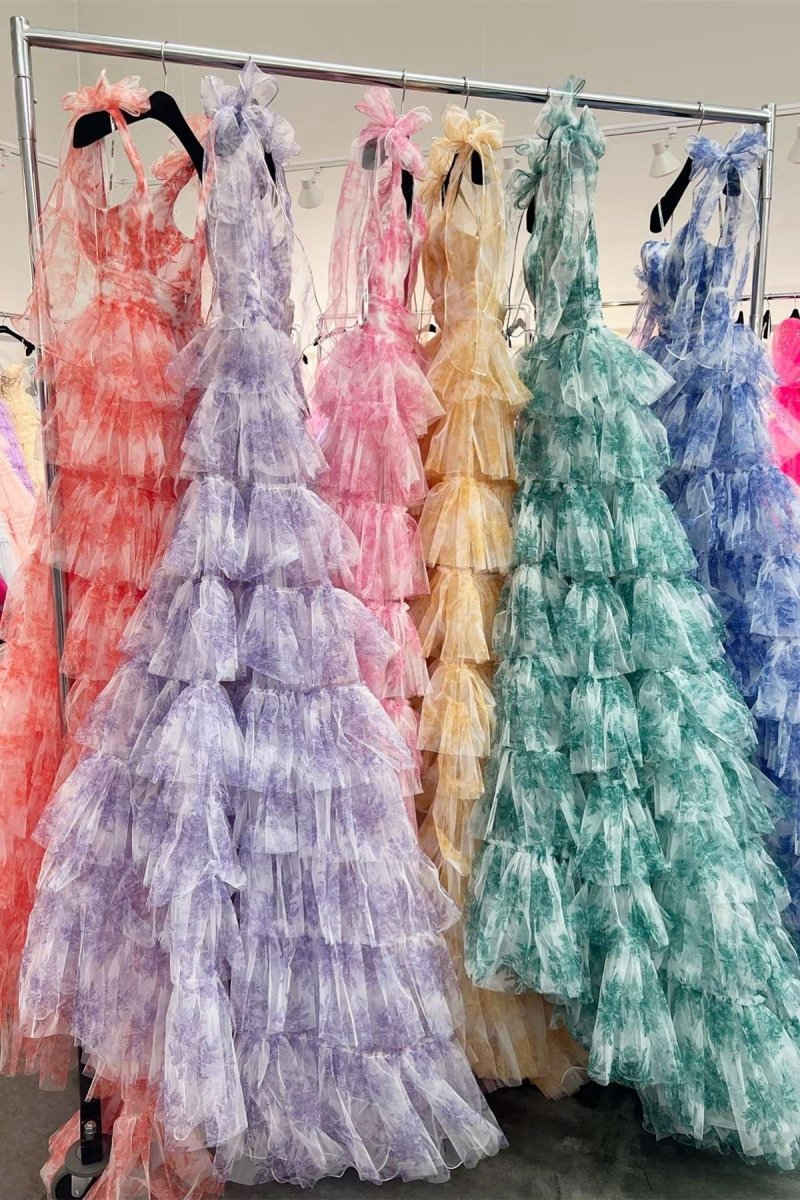 V-Neck Tie Straps Floral Print Layered Long Prom Dresses