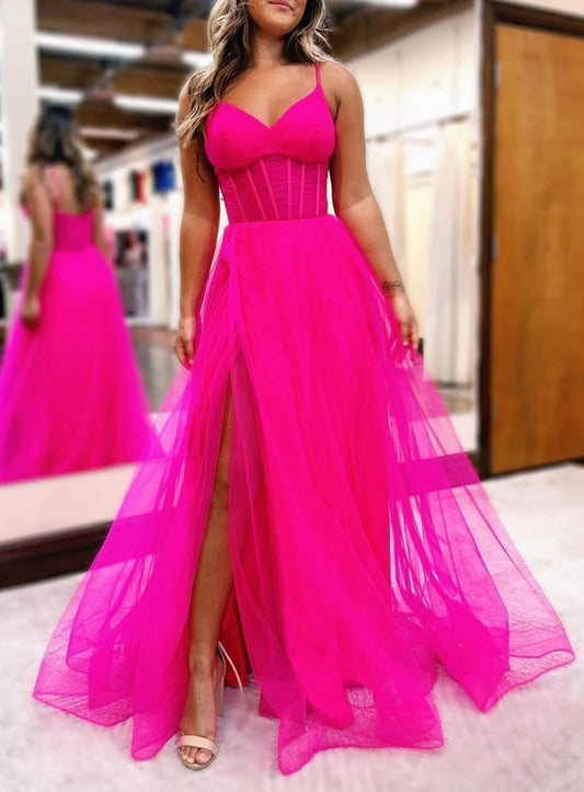 V-Neck Sheer Bodice A-line Long Prom Dresses with Slit
