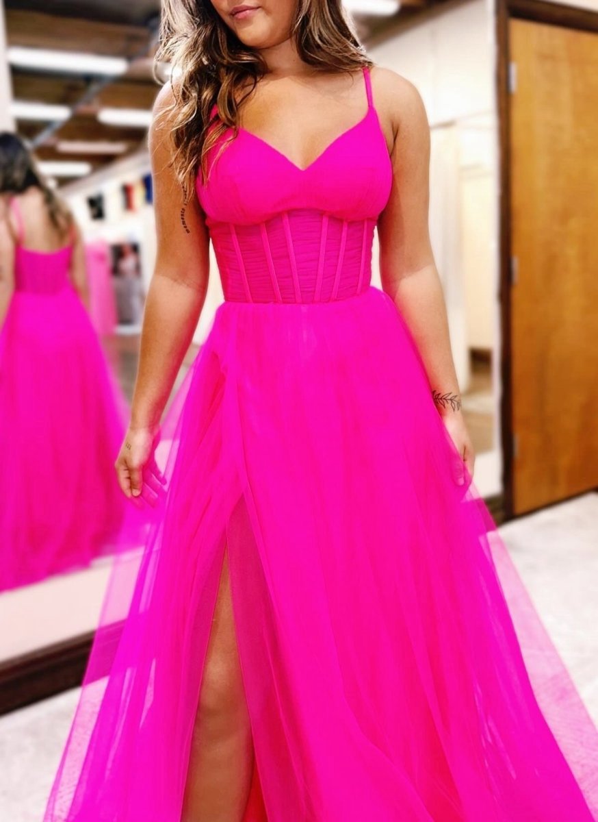 V-Neck Sheer Bodice A-line Long Prom Dresses with Slit