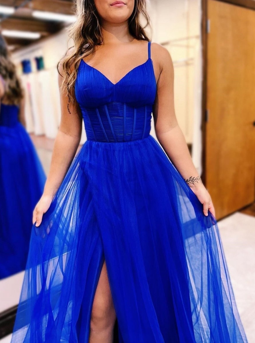 V-Neck Sheer Bodice A-line Long Prom Dresses with Slit