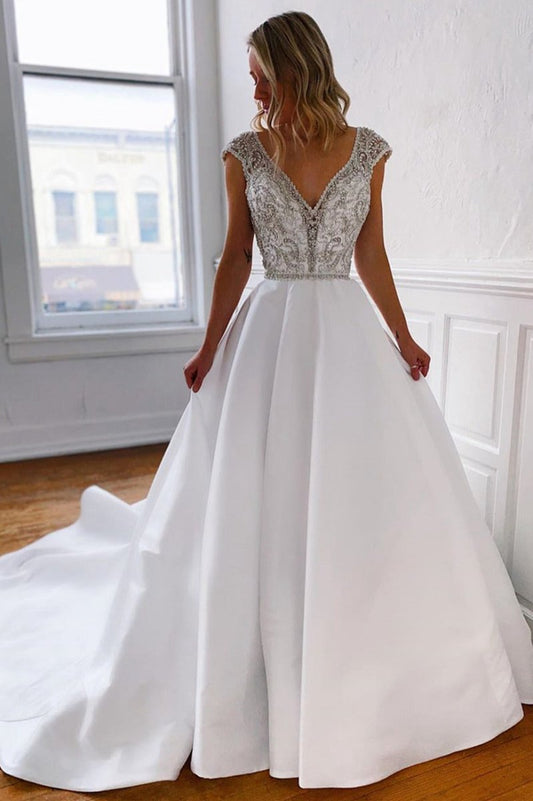 A-line V-Neck Long Wedding Dresses with Beads