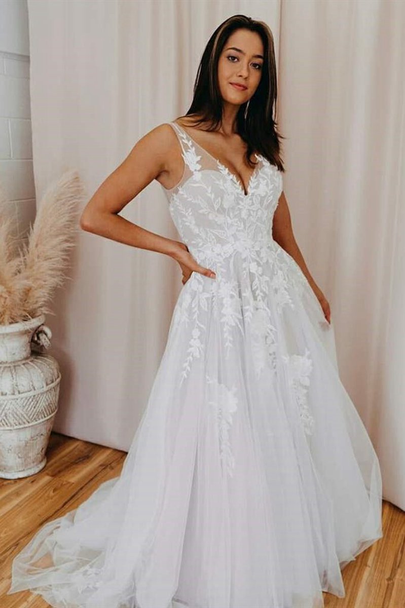 A-line V Back Long Wedding Dresses with Lace Appliqued