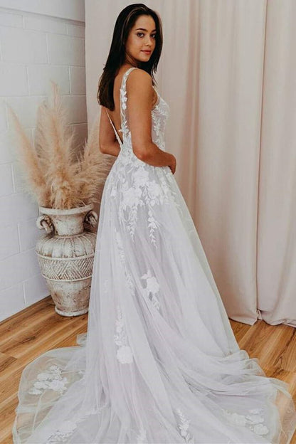 A-line V Back Long Wedding Dresses with Lace Appliqued