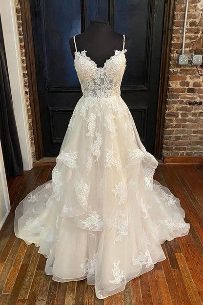 A-line Straps Long Wedding Dresses with Appliques
