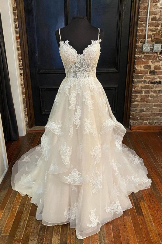 A-line Straps Long Wedding Dresses with Appliques