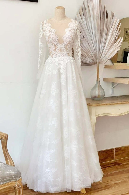 A-line Illusion Crew Neck Lace Wedding Dresses
