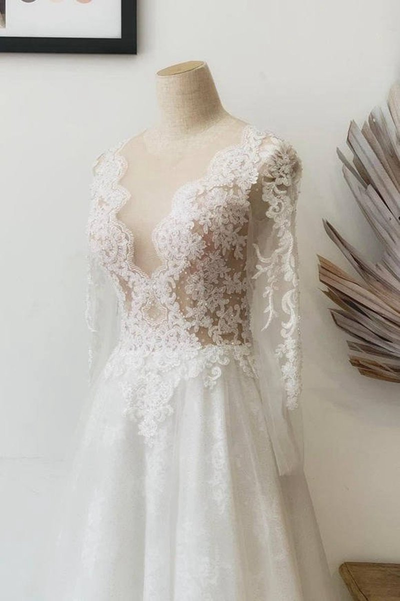 A-line Illusion Crew Neck Lace Wedding Dresses