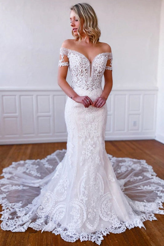 Mermaid Off-the-Shoulder Short Sleeves Long Lace Bridal Dresses