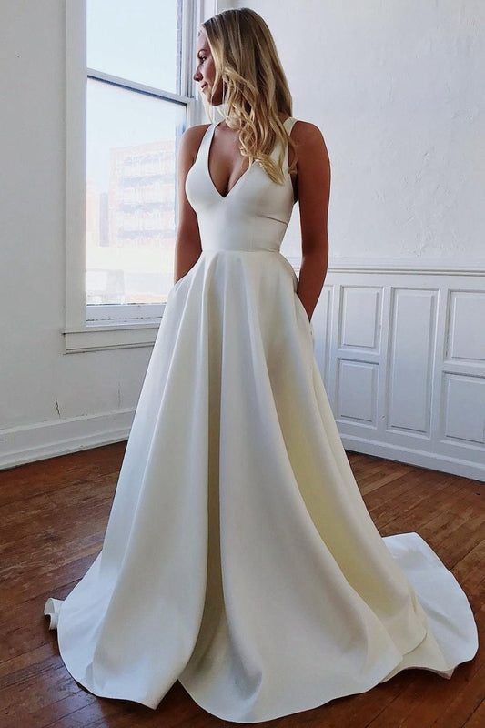 A-line V-Neck Long Wedding Dresses with Bow-Knot