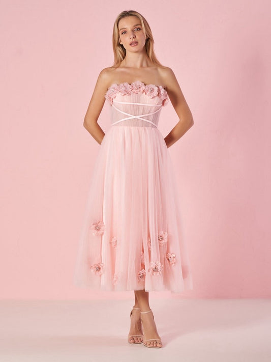 Princess Strapless Prom Dresses with Flowers