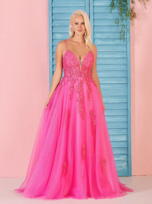 A-line V Neck Lace Long Prom Dresses