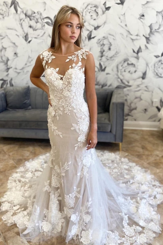 Illusion Neck Appliques Mermaid Long Wedding Dresses