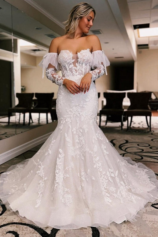 Floral Lace Sweetheart Mermaid Wedding Dresses with Detachable Sleeves