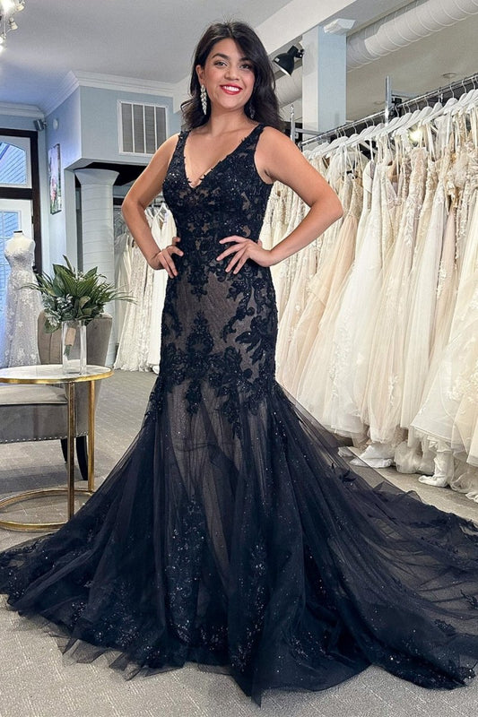 Tulle Appliques V-Neck Trumpet Long Wedding Dresses
