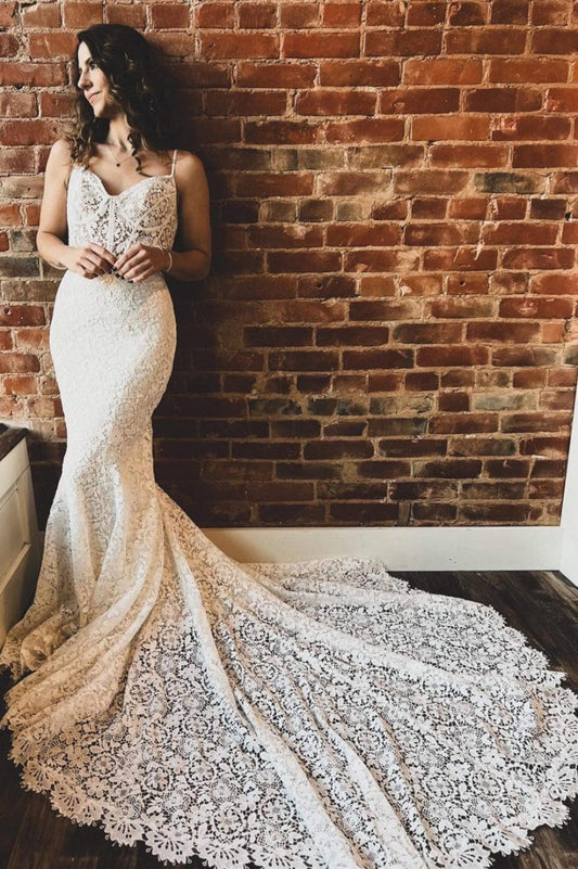 Lace Sweetheart Sleeveless Mermaid Long Wedding Dresses