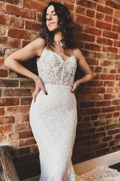 Lace Sweetheart Sleeveless Mermaid Long Wedding Dresses